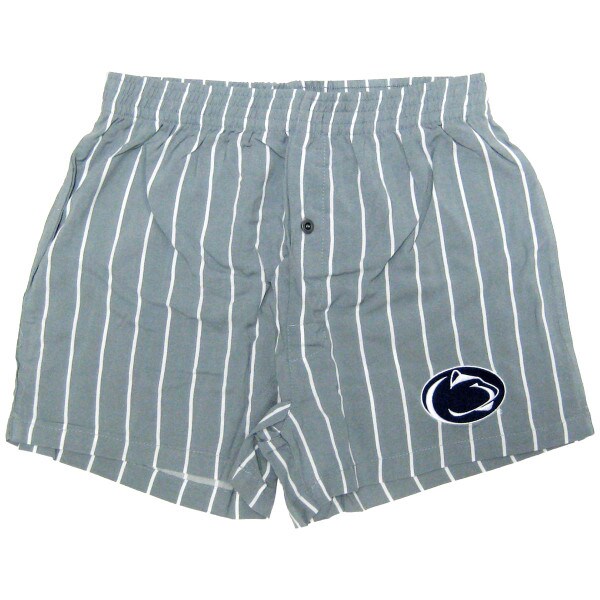 men's Oxford boxer shorts with white stripes and Penn State Athletic Logo on left thigh